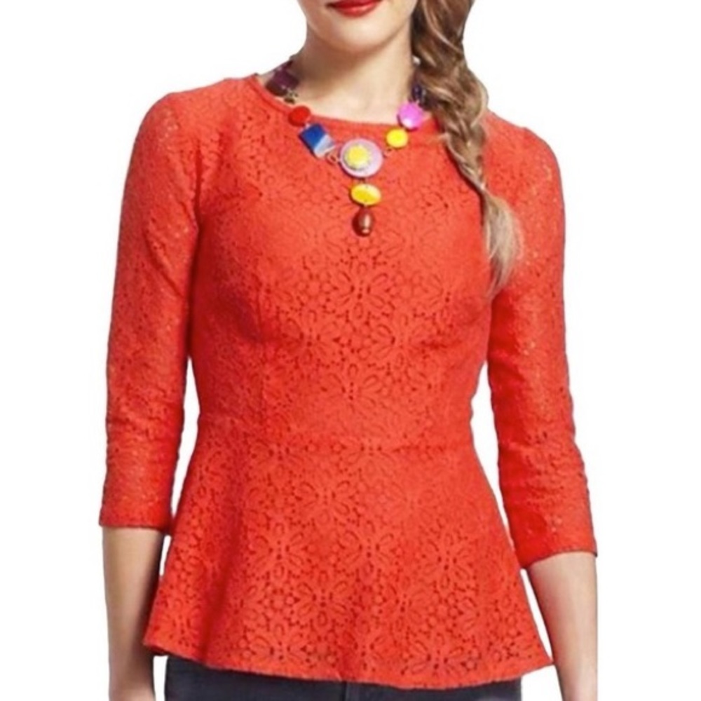 Moulinette Soeurs Anthropologie Orange Lace 3/4 Sleeve Peplum Top Women’s Size 4